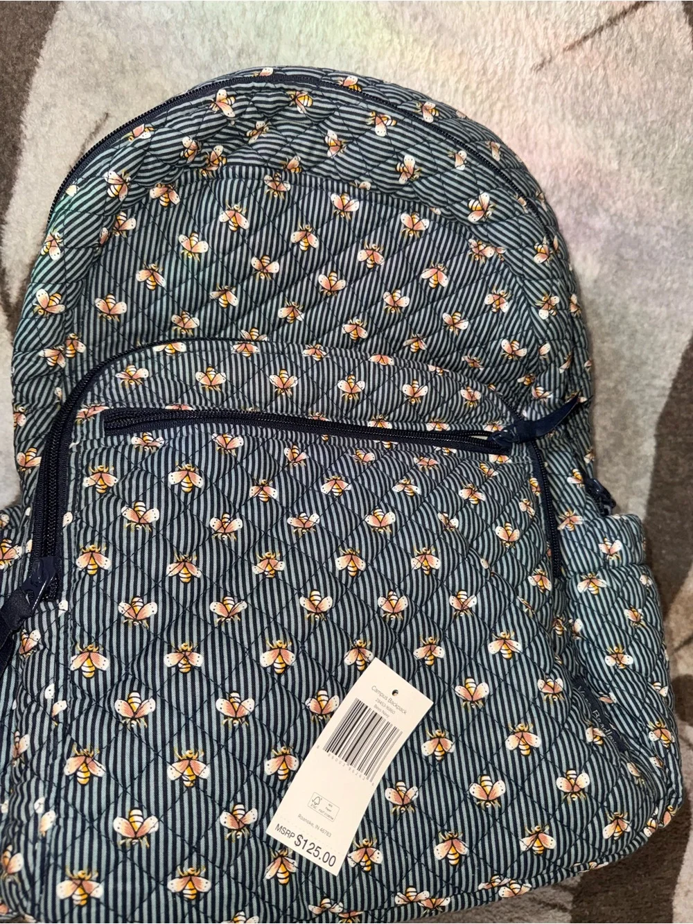 Vera Bradley Quilted Navy Bee Stripe Backpack - Navy Bee Travel bag School bag